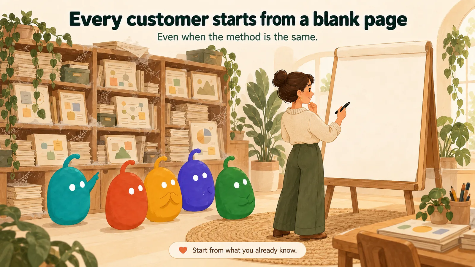 Each new customer starts from scratch even when the method is the same.