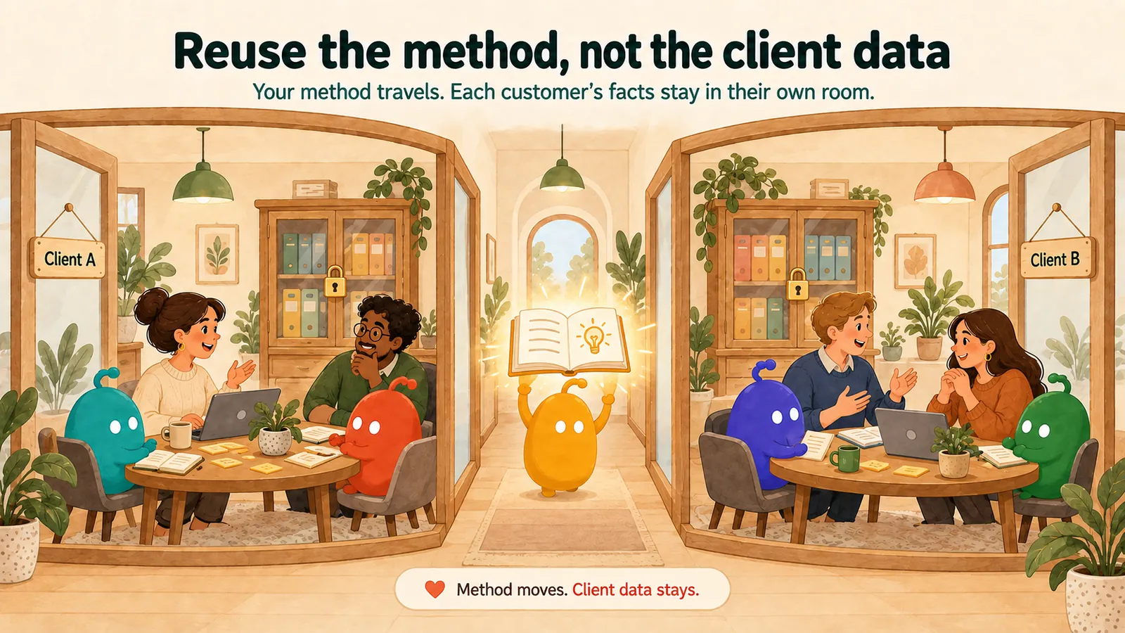 The method moves between client rooms while each client's facts stay in their own room.