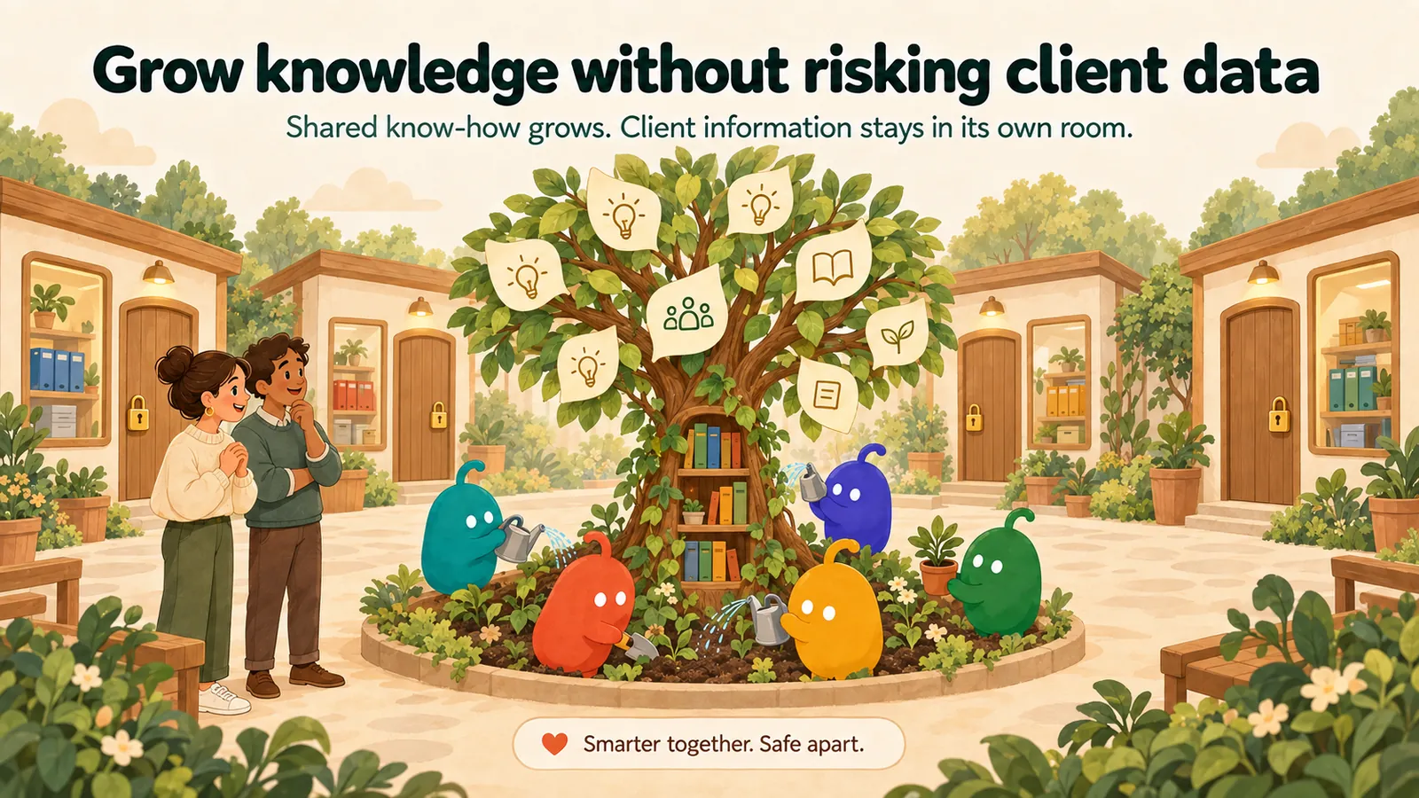 Shared know-how grows while client information stays in its own room.