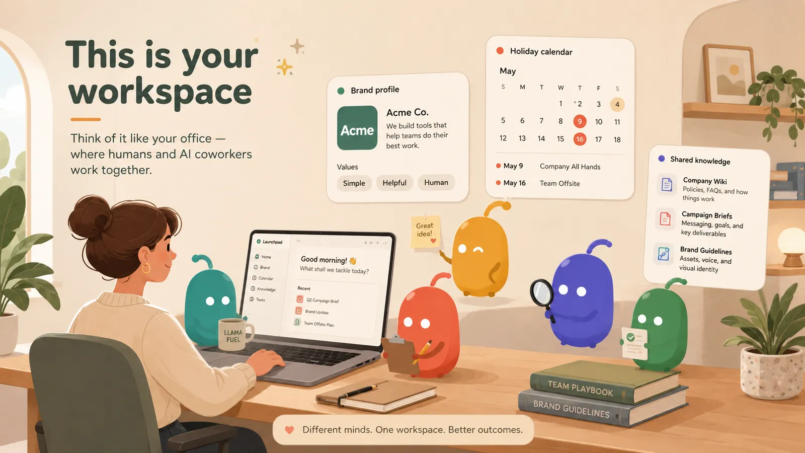 A team workspace: a person at her desk with AI coworkers around her, next to the team’s profile, calendar and shared knowledge.