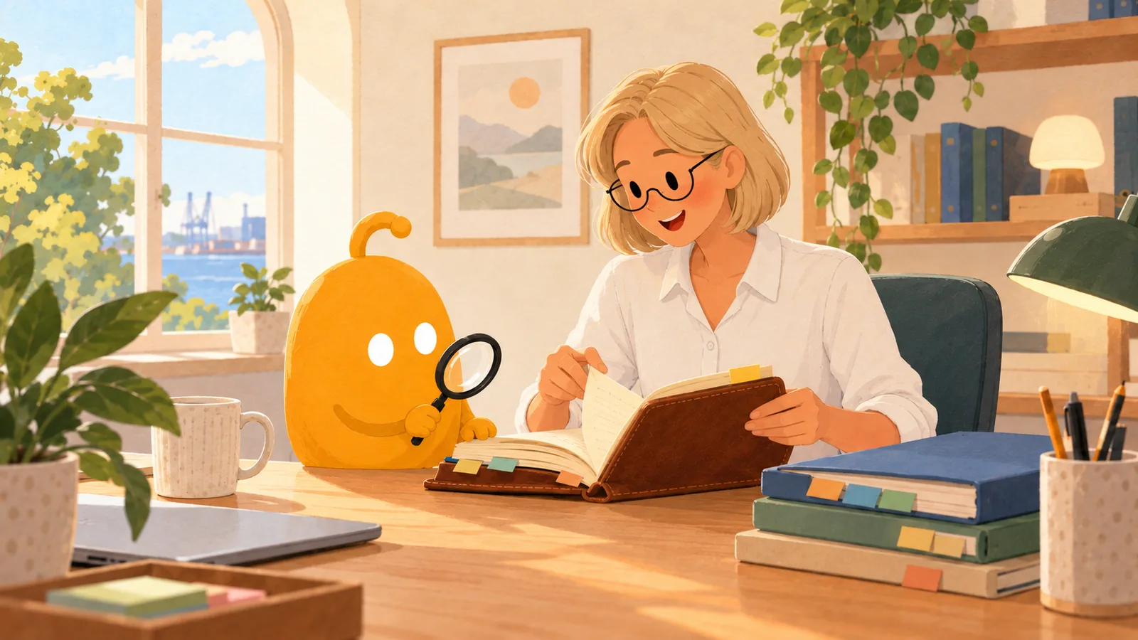 Anna opens a well-used leather notebook while Signe, a yellow coworker with a magnifying glass, looks on.