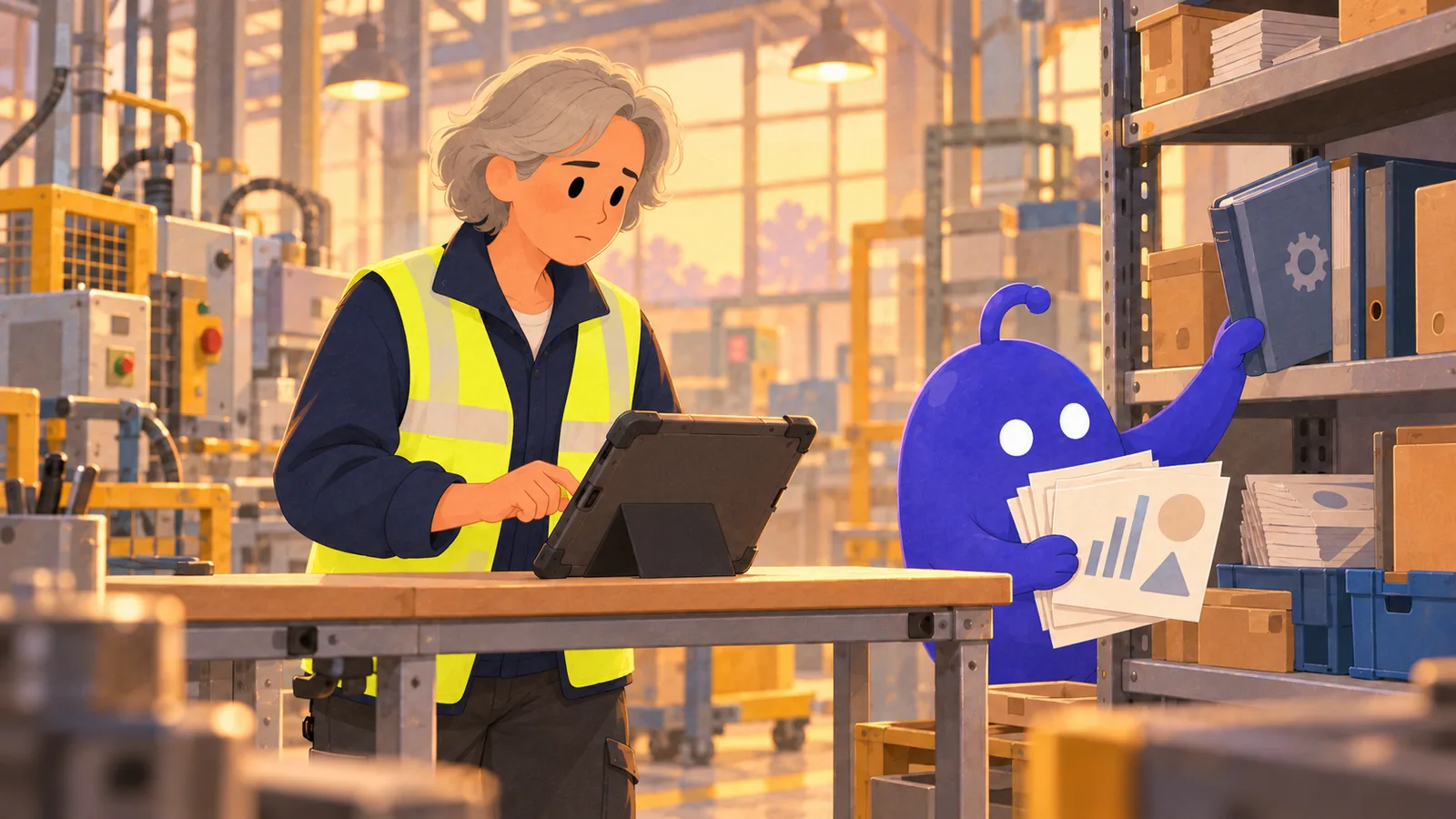 Ingrid types on a tablet at a workbench while a blue coworker gathers charts and papers beside her.