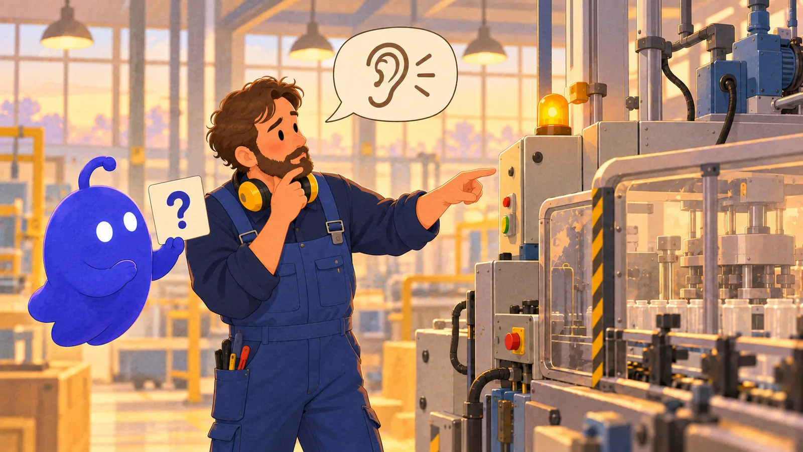 Johan thinks back, hand on his beard, as a blue coworker holds up a question mark; his speech bubble shows an ear.