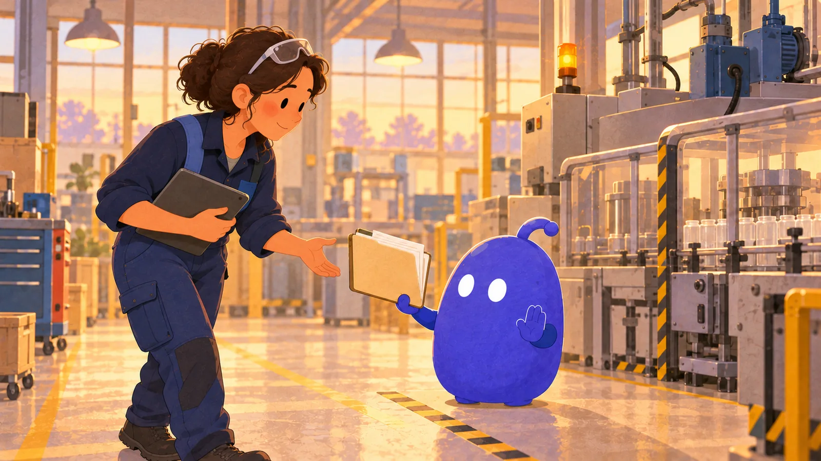 The blue coworker hands its folder to Maja, an engineer with a tablet and safety glasses, who takes it over.