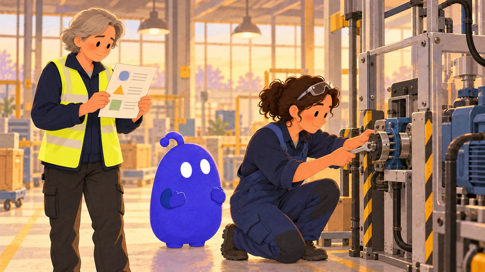 Ingrid reads a one-page summary while Maja kneels at the machine working on the coupling, the blue coworker beside them.