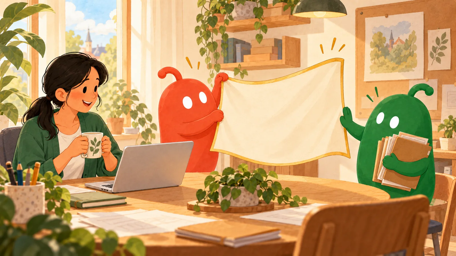 The red coworker unfurls a big banner while the green coworker, arms full of folders, raises a hand to stop it; Nora watches over her coffee.