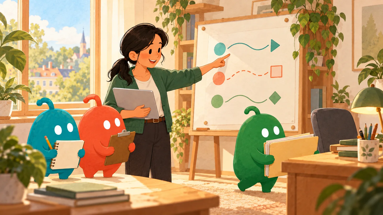 Nora points at a whiteboard showing three alternative paths while her three coworkers stand by with notes and folders.